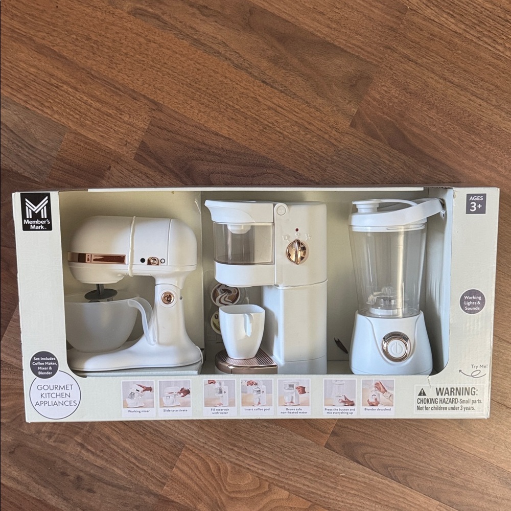 Kids Gourmet Kitchen Appliances Lights and Sounds Coffee Mixer Toy Set of Three